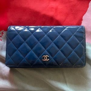Chanel Quilted Patent Leather Blue Wallet